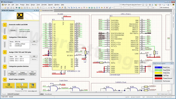 XJTAG DFT Assistant的Access Viewer模式可以清楚地顯示可用的測試存取層級，讓電路板設(shè)計(jì)人員在展開PCB布局以前的原理圖擷取階段盡可能地提高測試存取能力